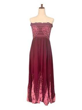 Strapless Boho Maxi Dress Smocked Bodice Burgundy Pink Flowy Beach One Size